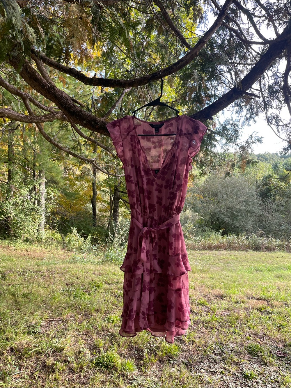 Floral Print Ruffled V-Neck Dress - Pink and plum